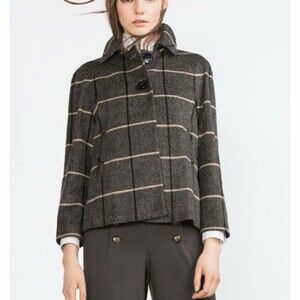 Zara Womens Short Coat XS Gray Checked Plaid Wool Blend 2 Button Front Swing